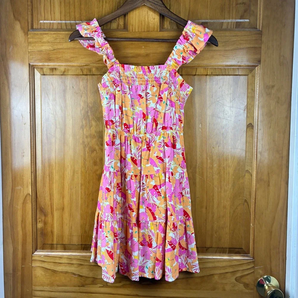 Copper Key Girls L 12/14 Tropical Floral Smocked Tiered Dress Beachy Boho NEW